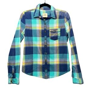 Hollister Women's Plaid Button Down Shirt Medium Blue Green Long Sleeve Casual